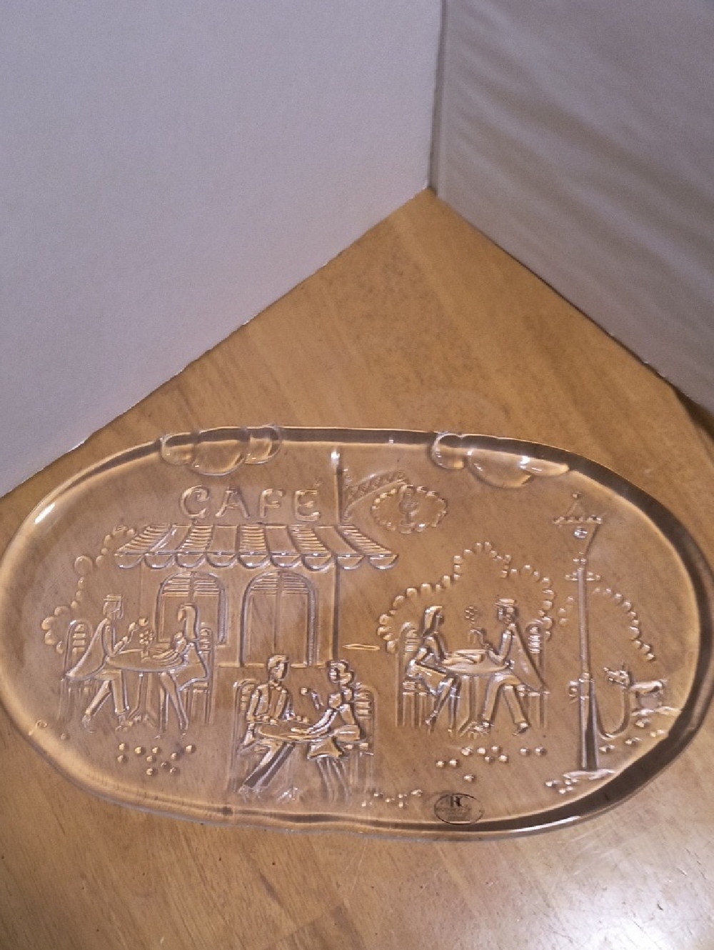 Clear Glass Café Platter with Etched Bistro Scene Ritzenhoff Germany Vintage B2